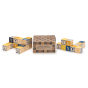Uncle Goose plastic free wooden Greek toy blocks stacked in two piles beside their cardboard box on a white background