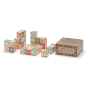 Uncle Goose plastic free wooden language blocks scattered on a white background next to their cardboard box