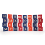 Uncle Goose eco-friendly wooden Russian language blocks stacked in coloured towers on a white background
