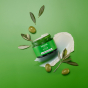 An open pot of Weleda Skin Food Nourishing Day Face Cream, the product can be seen spilling out the top of the pot. The pot is placed on a green coloured surface, surrounded by olives and live leaves 