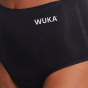 A close up of the material on the WUKA Super Heavy Flow High Wasted Period Pants in Black shown from the front