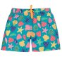 blue board shorts made of recycled plastic bottles with a cool colourful seashell print and elasticated waist from frugi