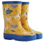 waterproof puddle buster wellies for children featuring spotty dogs, stripy cats and rainbow umbrellas on yellow with blue contrasts from frugi