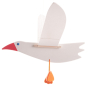 Brighten up your baby's room with this white wooden seagull mobile with its large orange beak, blue eye and dangling orange webbed feet
