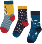 Frugi 3 socks - Rock my Socks, one with husky on leg on yellow background, and a striped white and blue food with red heel and toe. Another with navy body, and white mountain and forst print, bkue toes, red heel and yellow ankle cuff, and a blue sock with