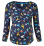 Frugi organic cotton winnie adults maternity and nursing top in indigo with rainbow birds all over