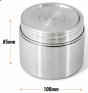metal food canister showing size 85mm high by 100mm wide