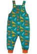 teal parsnip dungarees with dinosaurs print and orange cuffs from frugi
