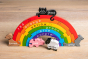 Alphabet Jigsaw plastic-free wooden Rainbow puzzle toy stood up on a wooden floor background