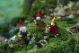 Close up of the handmade and plastic free ambrosius dwarf family stood on some green moss