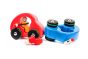 2 Bajo fasten seatbelt car toys on a white background. 1 red car and another blue car, tipped over with the driver laying down beside it
