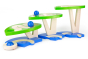 Bajo kids plastic-free wooden dewdrop marble run set laid out on a white background