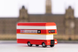 Close up of the Candylab collectable red double decker bus toy on a white background