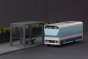 Candylab Tiny Town toy bus on a grey background next to a miniature bus stop