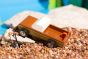 Close up of the Candylab handmade wooden sierra longhorn pickup truck toy on some small brown stones