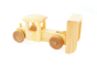 Back of Debresk eco-friendly wooden dumper truck toy on a white background