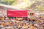 Fagus handmade wooden semi lorry on some brown autumn leaves 