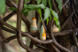 Close up of the Grapat eco-friendly wooden hooray toy set balanced on some tree branches