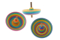 3 Mader plastic free sombrero spinning top toys in the striped colours on a white background