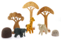 Papoose childrens toy elephant, giraffe and camel on a white background next to some Papoose wooden African trees