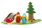 Papoose plastic-free felt mushroom next to a green felt play mat with toy elves, trees and a wooden bridge 