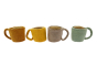 4 Papoose soft felt toy coffee cups lined up on a white background