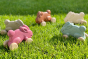 Plan Toys eco-friendly coloured rolling bunny toys laid out in a circle on some bright green grass
