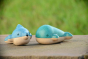 PlanToys Wooden Whale Whistle and dolphin whistle on a stone wall with grass in the background