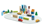 PlanToys eco-friendly wooden city blocks and rubber road set on a white background in a small town scene