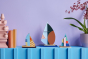 The Studio ROOF Giant Catamaran, a cardboard model plane with geometric patterns and bright colours, put together, in the centre on blue surface , another Studio ROOF boat to either side, books and a vase to the left and a plant in purple pot to the right