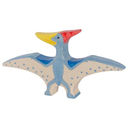 Holztiger Pteranodon pictured on a plain white background. A blue flying dinosaur figure with handpainted details, a red crest and yellow beak.