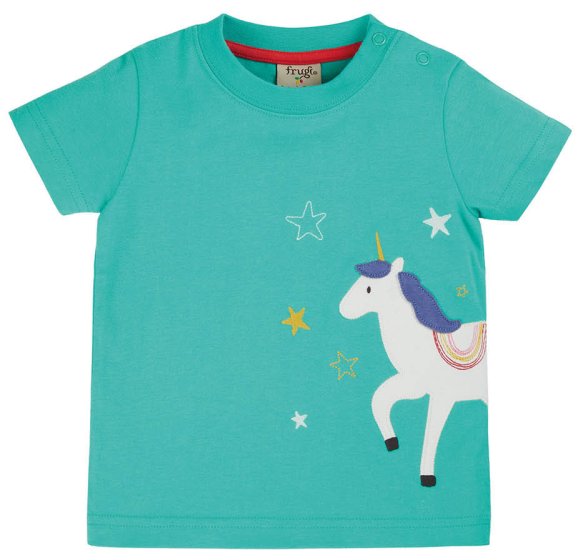 teal avery short sleeve top with the unicorn applique from frugi