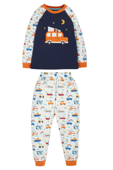 organic cotton PJs for children with a central orange campervan applique on the long-sleeve top from frugi