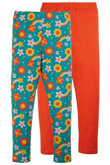 This pack of two Frugi Dahlia Skies Libby Leggings for babies and children are organic cotton leggings, one blue with the retro Dahlia Skies flower print, the other solid deep orange