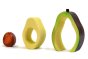 Pieces of the Bumbu eco-friendly wooden avocado waldorf toy lined up on a white background