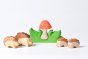 Close up of the plastic free Bumbu hedgehog and mushroom slotting toy set on a white background