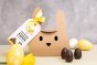 Cocoa Loco Vegan dark chocolate mini easter eggs on a cream worktop next to some yellow and white easter eggs and a daffodil