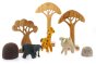 Papoose felt elephant, giraffe and camel figures on a white background next to the Papoose wooden African trees