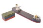 Papoose handmade wooden container ship model on a white background next to its wooden block cargo