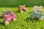 Plan Toys eco-friendly wooden rolling bunny toys laid out in a circle on some bright green grass