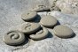 Close up of the Plan Toys plastic free carved stone discs on a large grey rock
