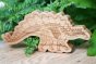 Reel wood plastic free handmade wooden stegosaurus toy in front of a green plant