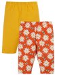 two pack laurie shorts one is solid yellow and another is orange with daisies and bees print from frugi