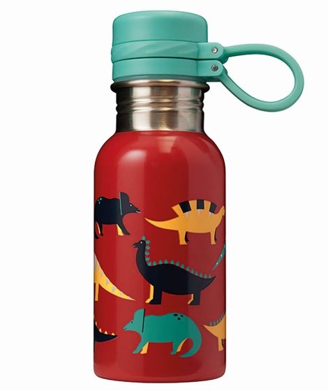 this is a small Dinos Splish Splash stainless steel reusable drinks bottle by Frugi is red with a fun blue and yellow dinosaur design.