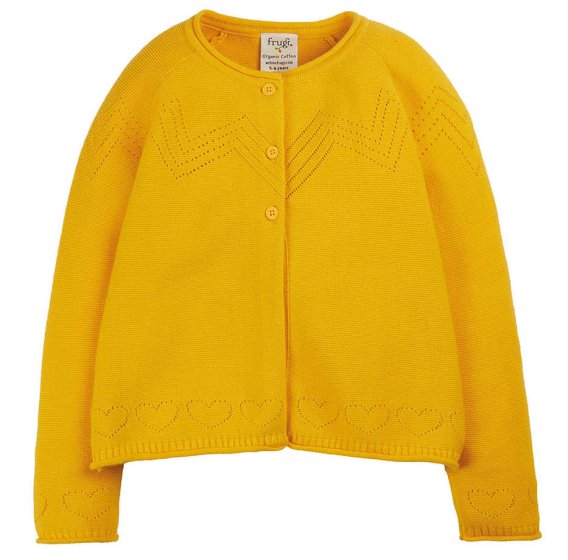 This Frugi Bumblebee Yellow Piper Pointelle Cardigan for babies and children is a lovely bright sunny yellow organic cotton button up knitted cardigan with beautiful pointelle detail.