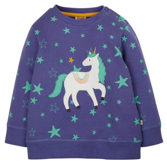 This Frugi Cosmic Unicorn Sammy Sweatshirt is a comfy organic cotton deep blue crew neck jumper for babies and toddlers with an aqua star print and a magical unicorn applique on the front, with stretchy deep blue trim and cuffs