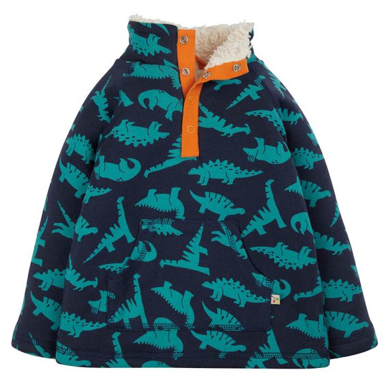 indigo blue fleece with dinos print and front pocket from frugi