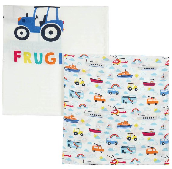 organic cotton muslins two pack with helicopter, boat, tractor and car print from frugi