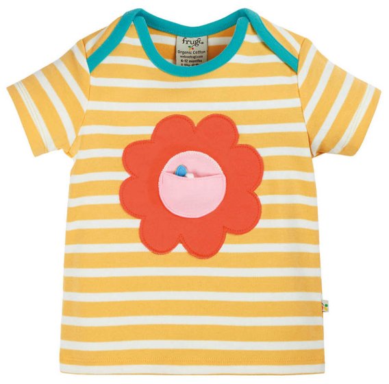yellow striped short sleeves top with the interactive flower applique from frugi