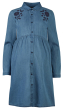 Frugi Mila chambray shirt dress with long sleeves and embroidered flowers on shoulders